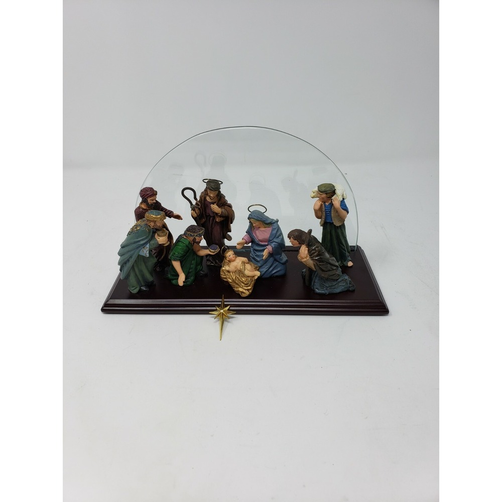 Teleflora Hand Painted Christmas Nativity Scene Mantle Decor Glass Wood Base